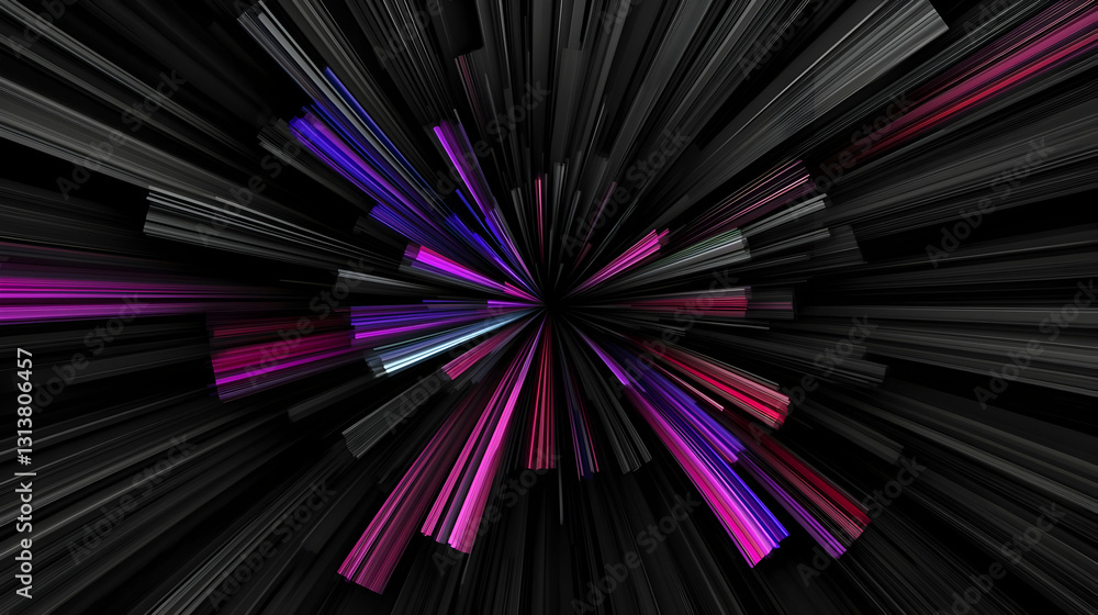 Poster abstract 3d radial burst of vibrant pink purple and blue light against a black background creating a