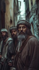 Naklejka premium Group of adult males standing side by side, possibly friends or colleagues