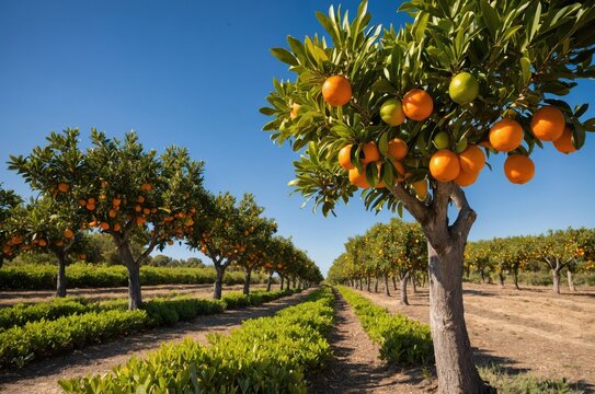 Orange grove under clear blue sky in sunny weather