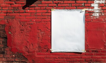 Blank white poster taped to a vibrant red brick wall.