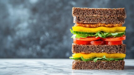 Appetizing multi layered sandwich featuring fresh vibrant produce and dark rye bread on grey background culinary studio composition