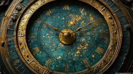 Obraz premium Vintage antique clock with gold roman numerals and celestial design