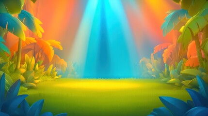 Obraz premium Cartoon jungle clearing with bright blue light, surrounded by colorful foliage, warm background