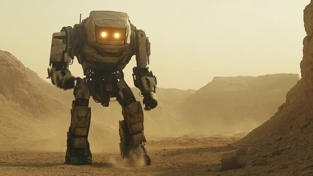 A robot standing on a desert hill, Smooth repetitive motion for background video animation
