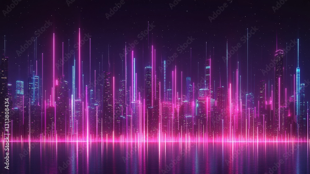 Poster vibrant cyberpunk cityscape with glowing neon lights and reflections creating a futuristic urban sky