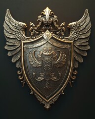 A metal shield with wings is mounted on a wall, possibly in a medieval or fantasy setting