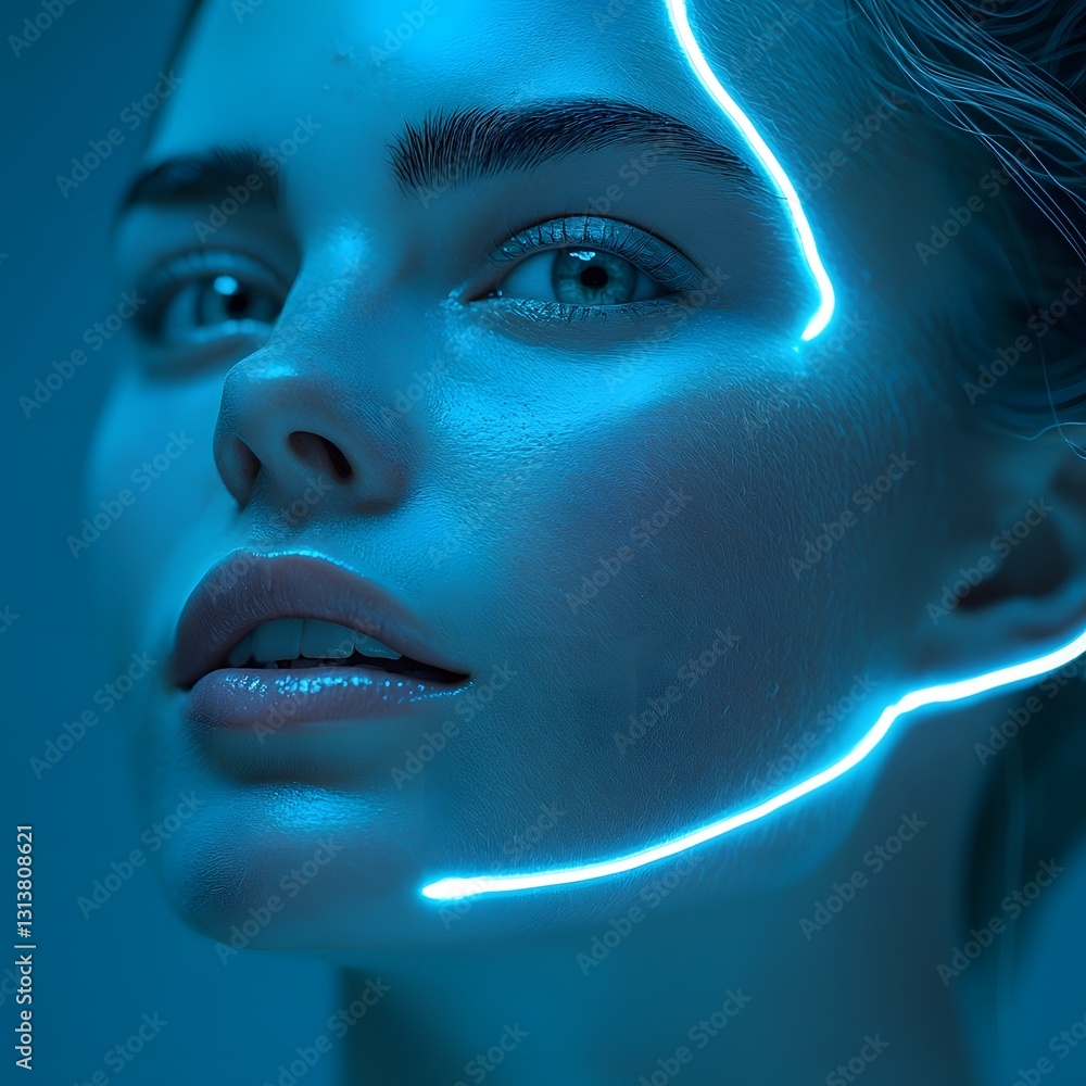Aufkleber glowing minimalist face of an otherworldly being with sharp features and luminous lines