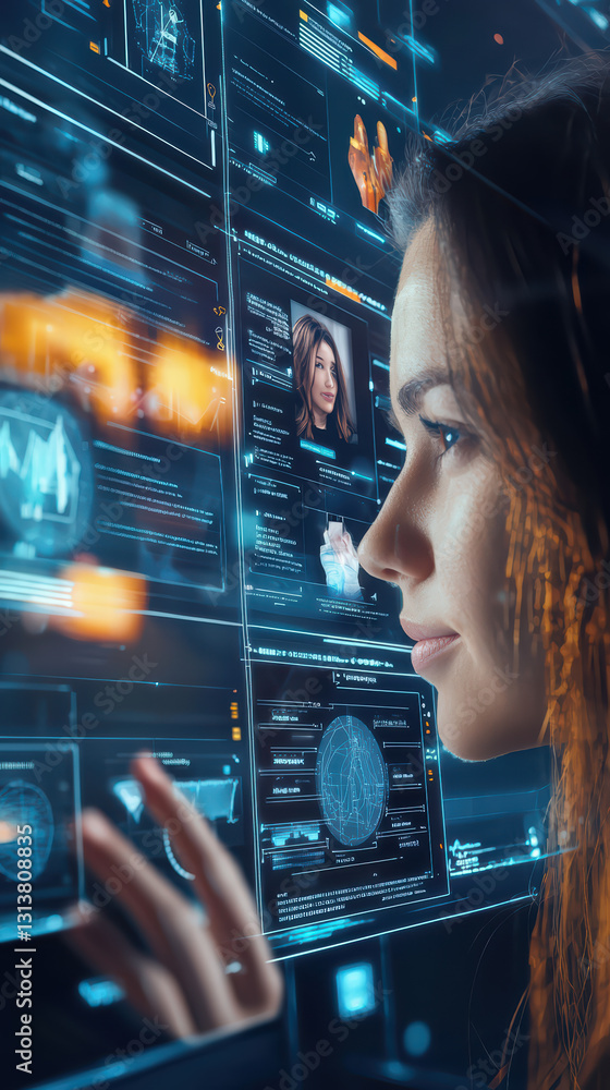 Aufkleber data analysis and modern technology: a woman gazes thoughtfully at the sophisticated interfaces of a