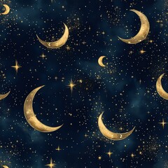 Naklejka premium Seamless Luxury & Metallic Patterns Gold Foil Elegant gold moon pattern against dark backdrop.