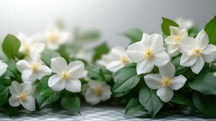 Fototapeta premium Delicate white flowers with lush green leaves