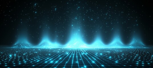 Glowing blue digital graph on grid pattern with dramatic peaks, technology, and big data concept.