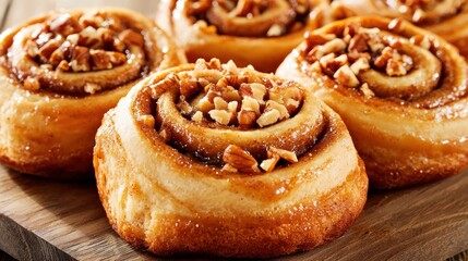 Delicious homemade cinnamon rolls with toasted nuts and sweet glaze on rustic wooden background