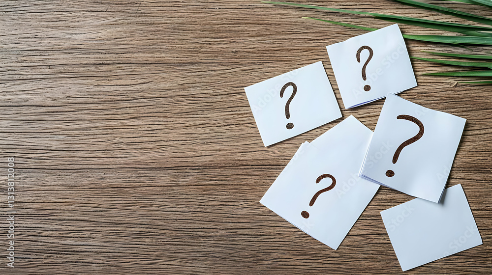 Poster white sticky notes with brown question marks scattered on a rustic wooden table with green leaf acce