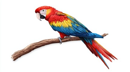 Fototapeta premium A vibrant scarlet macaw perched on a branch, showcasing its stunning plumage of red, blue, and yellow colors.