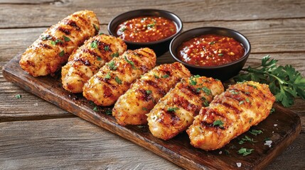 Grilled chicken tenderloins on rustic wooden board with dipping sauce for food photography