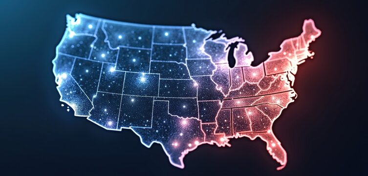 USA map with blue, red glow. Map made of small dots, giving starry appearance. Digital network connections, travel destination concept. Modern cyberspace design, abstract communication geometric