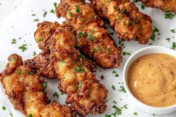 Fototapeta premium Delicious Crispy Fried Chicken Strips Garnished with Fresh Parsley Served with Creamy Honey Mustard Dip