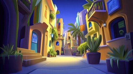Fototapeta premium Cartoon narrow street view, plants, buildings, and blue sky on a sunny day