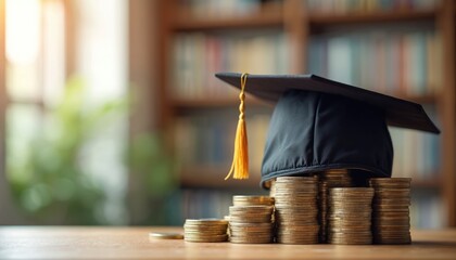 Graduation cap on stack of coins symbolizes academic success financial planning future investment in education. Depicts scholarship, grants, student loans, tuition fee and money for studies.