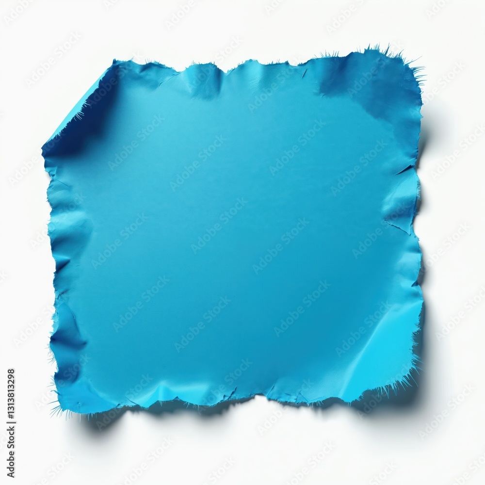 Poster ripped blue paper sheet isolated on white background. torn edges textured surface. blank scrap page 