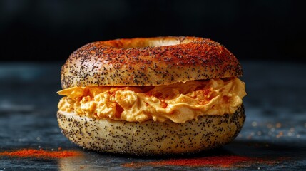 Delicious poppy seed bagel filled with spicy cream cheese, set against a dark textured background
