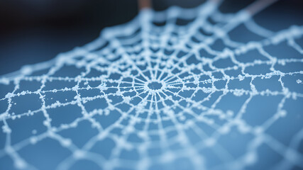 Obraz premium Macro shot of a frost-covered spiderweb, with intricate ice crystals forming a delicate, lace-like pattern against a blurred natural background. 