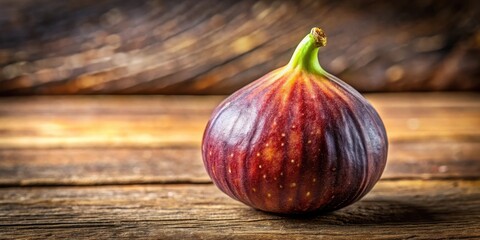 Obraz premium A single ripe fig rests on a rustic wooden surface, showcasing its rich purple and reddish hues, and a textured skin.