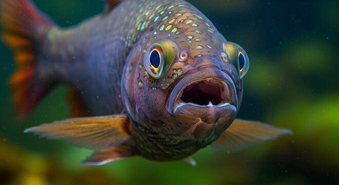 A fish with wide open mouth and big eyes, Surprised, shocked or amazed face front view