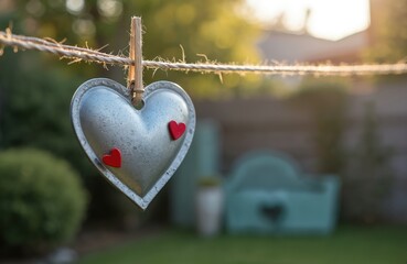 Metal heart with small red hearts hangs from clothesline with wooden clothespin in garden. Concept love, Valentines Day, sentimental gift or decoration. Backyard greenery in soft focus.