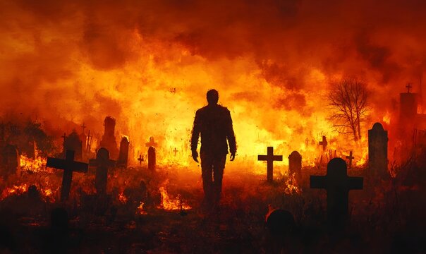 Burning Cemetery Silhouette Man Walking Inferno Fire Graves red hell dark death scary night orange  