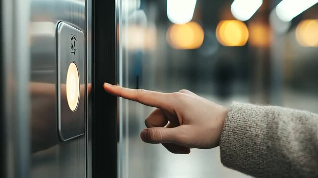 1_Close-up of a hand pressing the button to open subway doors