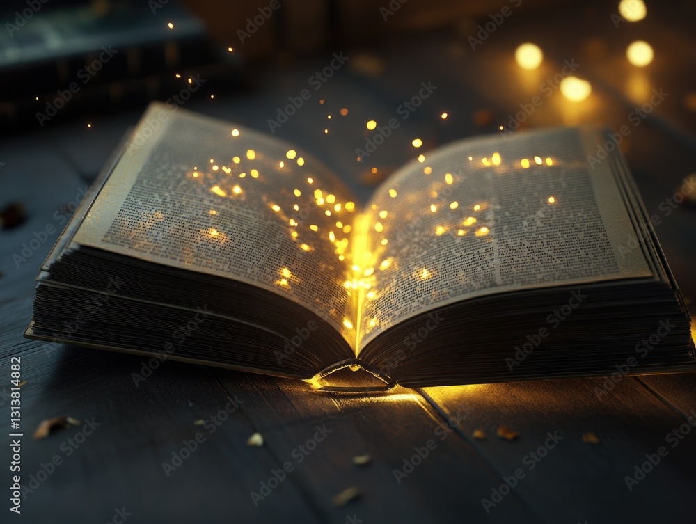 Poster a mysterious book with pages illuminated by soft light, perfect for use in conceptual illustrations 