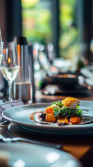 Elegant Fine Dining: A tantalizing close-up of an exquisitely plated dish in a fine dining establishment, showcasing culinary artistry with a delectable arrangement of fish, vegetables, and sauce.