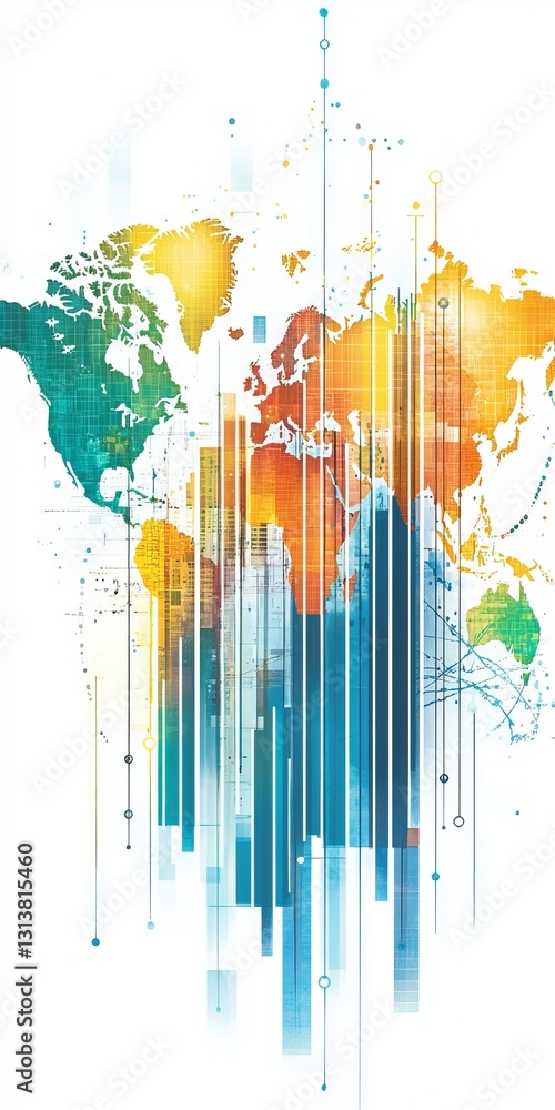 Poster colorful abstract world map with dynamic lines and vibrant colors