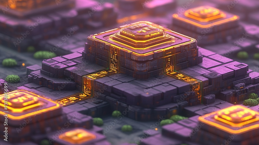 Poster abstract glowing blocks structure mystical landscape digital artwork with vibrant colors and intrica
