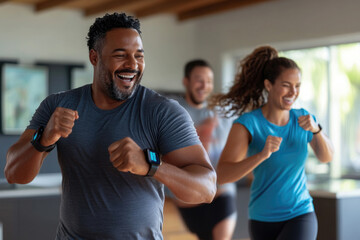 Group of people enjoying an energetic workout session indoors in a bright and spacious gym