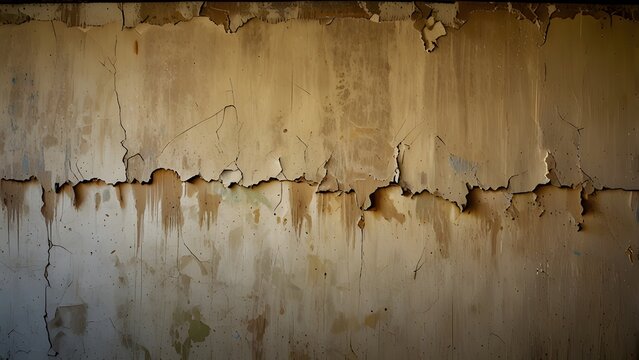 Close-up of cracked plaster wall with peeling paint, revealing rustic vintage texture and aged surface
