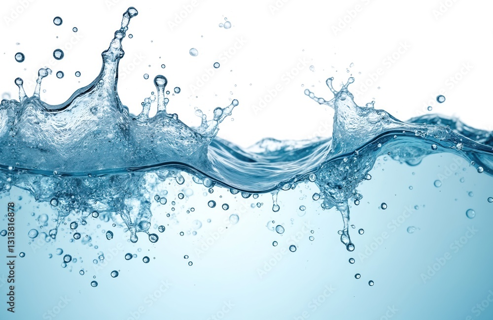 Poster Macro shot of splashing water with bubbles isolated on white backdrop. Abstract clear liquid motion, freshness concept. Clean drinking water ad background. Healthy lifestyle promotion idea. Aqua