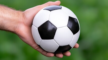 Hand Holding a Black and White Soccer Ball Outdoors