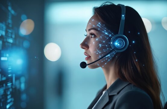 Woman with headset uses AI software. Futuristic face with digital lines connecting face, headset. Customer service representative provides support, call center employs AI software solutions enhancing