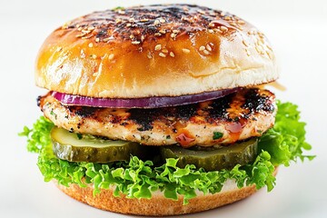 Mouthwatering grilled chicken burger presented in a bright well lit setting showcasing tasty ingredients
