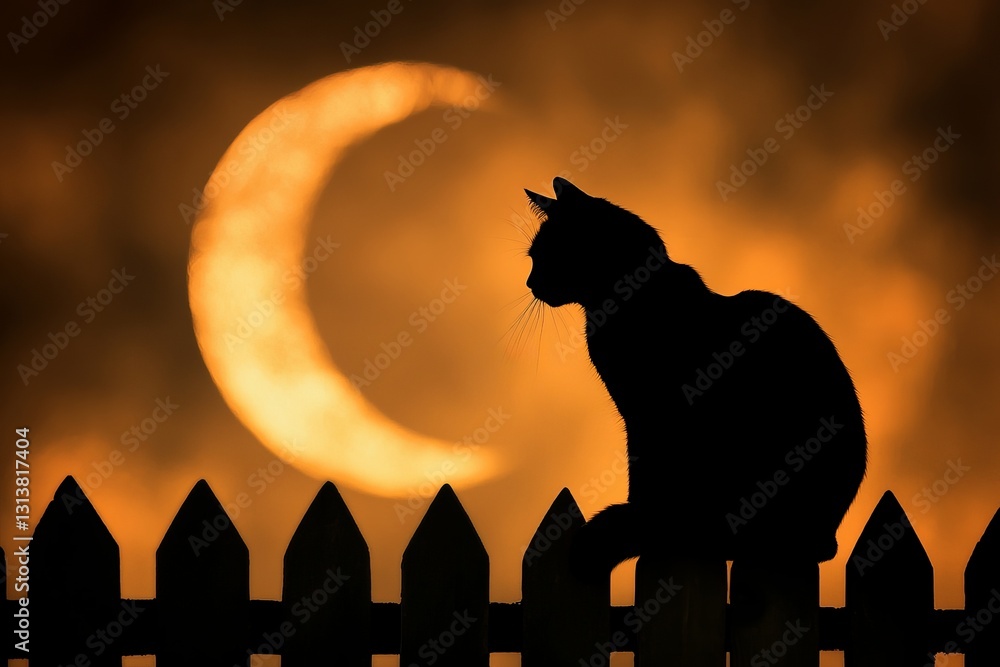 Poster a black cat sits on a fence in front of a large orange moon. the image has a spooky and mysterious m