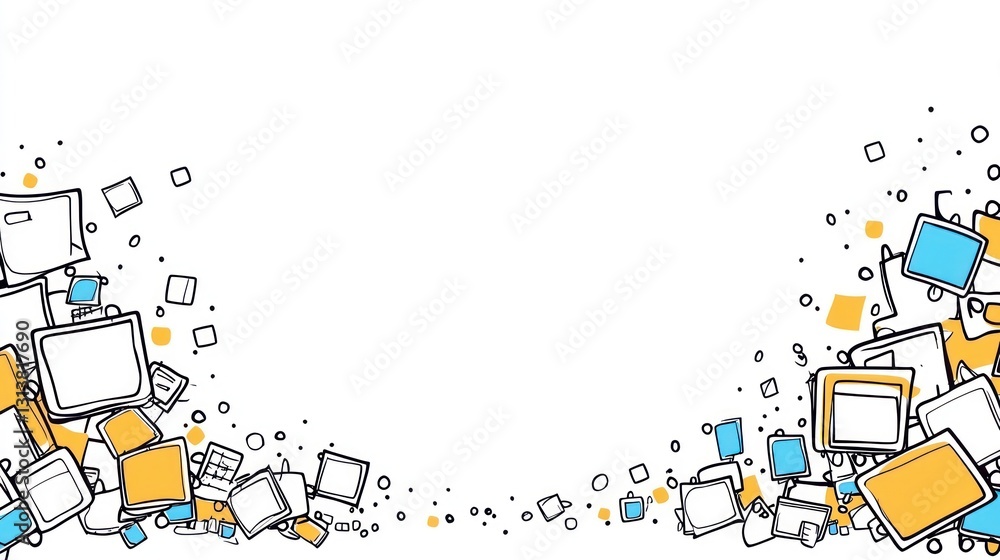 Poster cartoon squares scatter across a white background forming a design element border on the edges