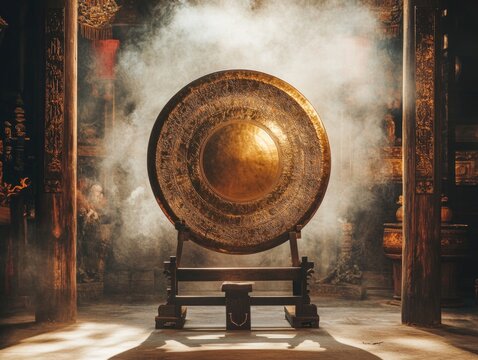 A large gong sitting on top of a wooden bench, waiting to be struck