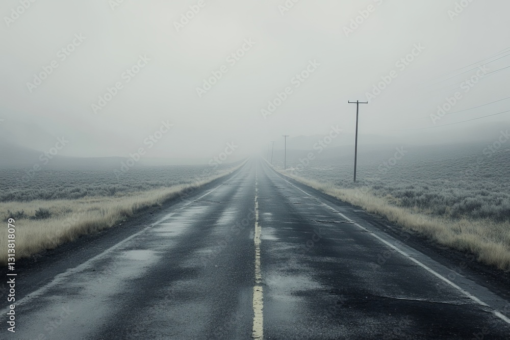 Poster a road is wet and empty with a pole in the middle. the sky is cloudy and the road is wet
