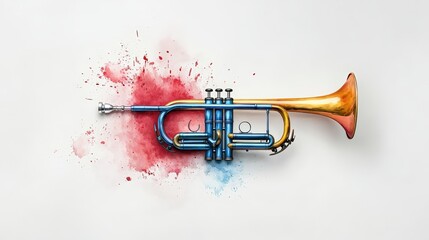 A vibrant trumpet with artistic splashes of red and blue, perfect for music and art themes. Ideal for creative projects and designs.