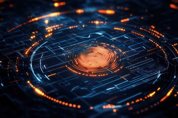 A futuristic fingerprint recognition interface on a sleek black background, with glowing digital lines and circles for a cutting-edge, secure look.