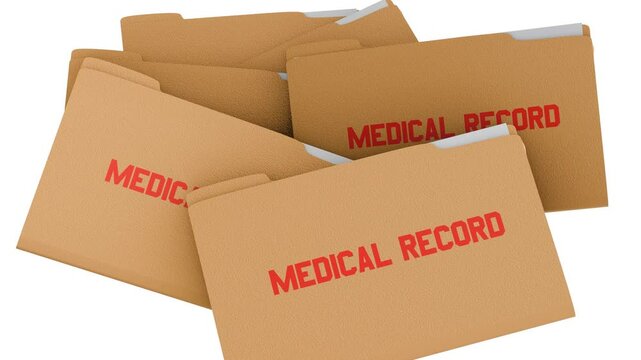 A 3d animation of medical record folder juxtaposed with medical syringe, representation of healthcare and medical documentation.
