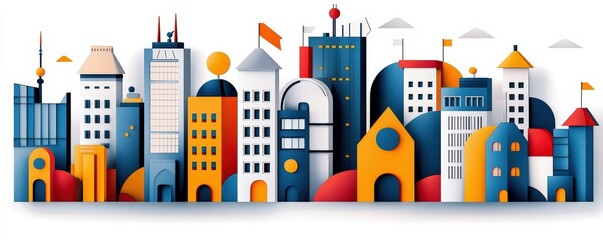 Obraz premium A vibrant urban skyline illustration featuring colorful buildings and modern architecture highlighting a playful city atmosphere.
