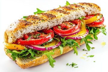 Fresh vegetarian baguette sandwich on white background vibrant colors appetizing display gourmet food photograph